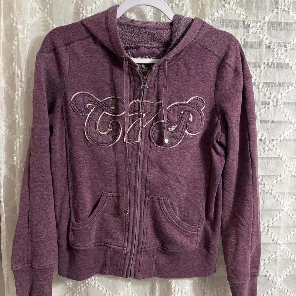 Gap Full Zip Hoodie Women Purple Heathered Embroidered Script Logo Sweatshirt